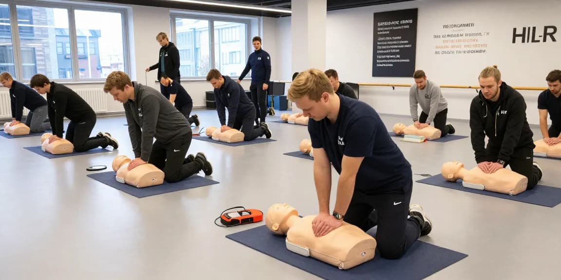 Praktisk HLR kurs Stockholm med deltagare som övar på hjärt-lungräddning och AED i en trygg utbildningslokal.