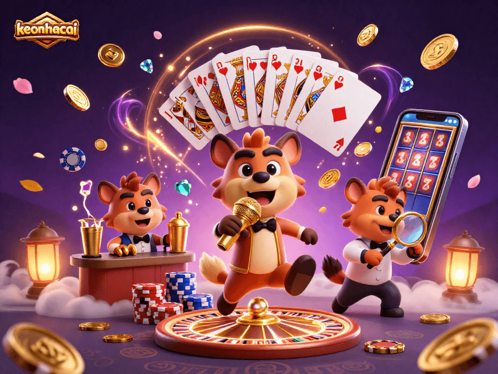 Experience keonhacai's vibrant casino atmosphere with energetic hyenas, gold coins, and fun!