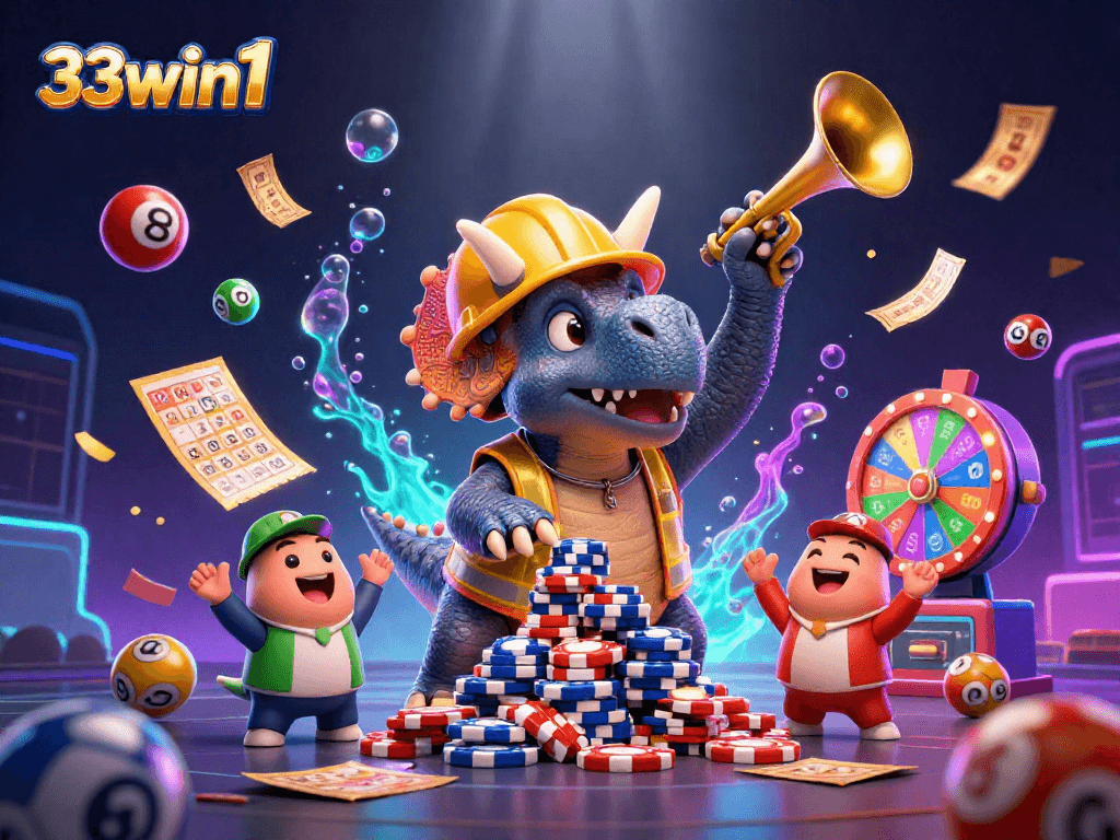 Experience excitement with 33win1 casino-themed illustration showcasing joyful characters in a vibrant setting.