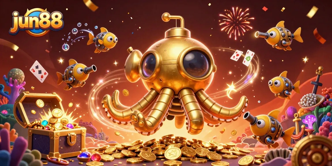 Experience adventure with jun88's golden kraken submarine navigating treasures and casino elements.