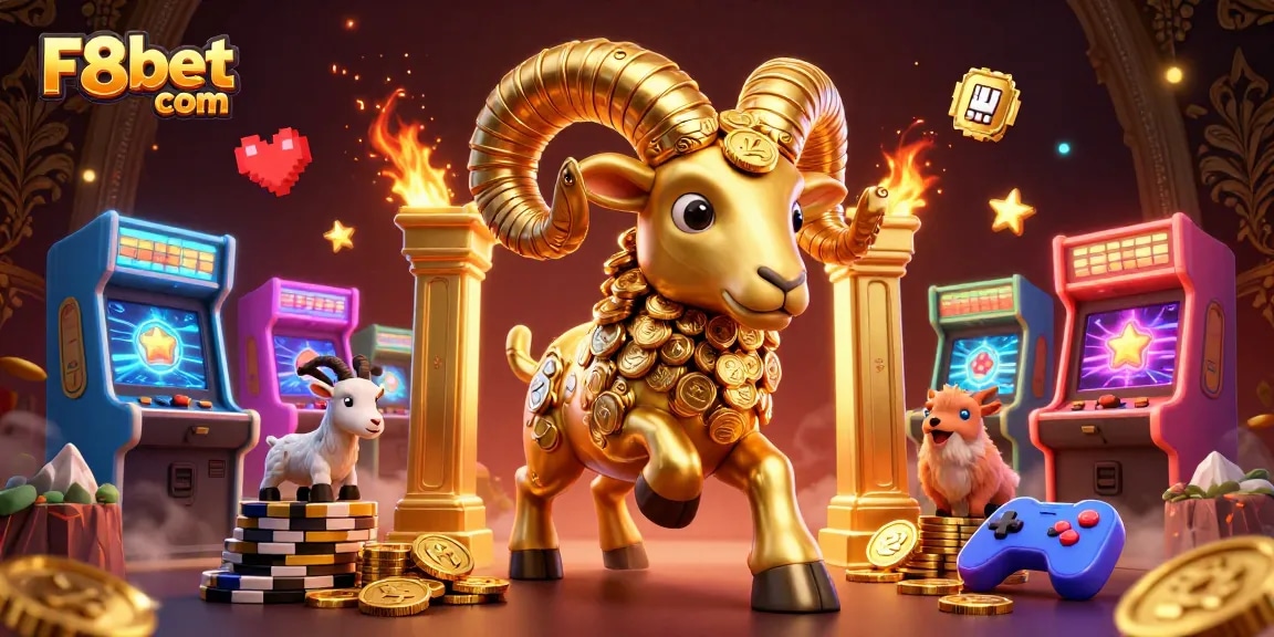 Win big on F8bet com with a spectacular illustration of a golden ram charging through a casino-themed adventure.