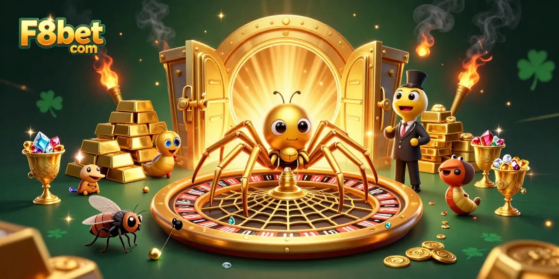 Experience thrilling bets at F8bet com with our lively casino illustration featuring a golden roulette web.