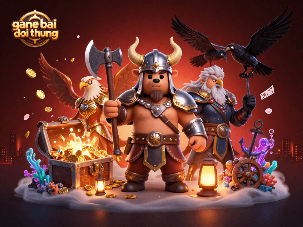 Play thrilling game bai doi thuong with Viking and Valkyrie characters surrounded by casino treasures.