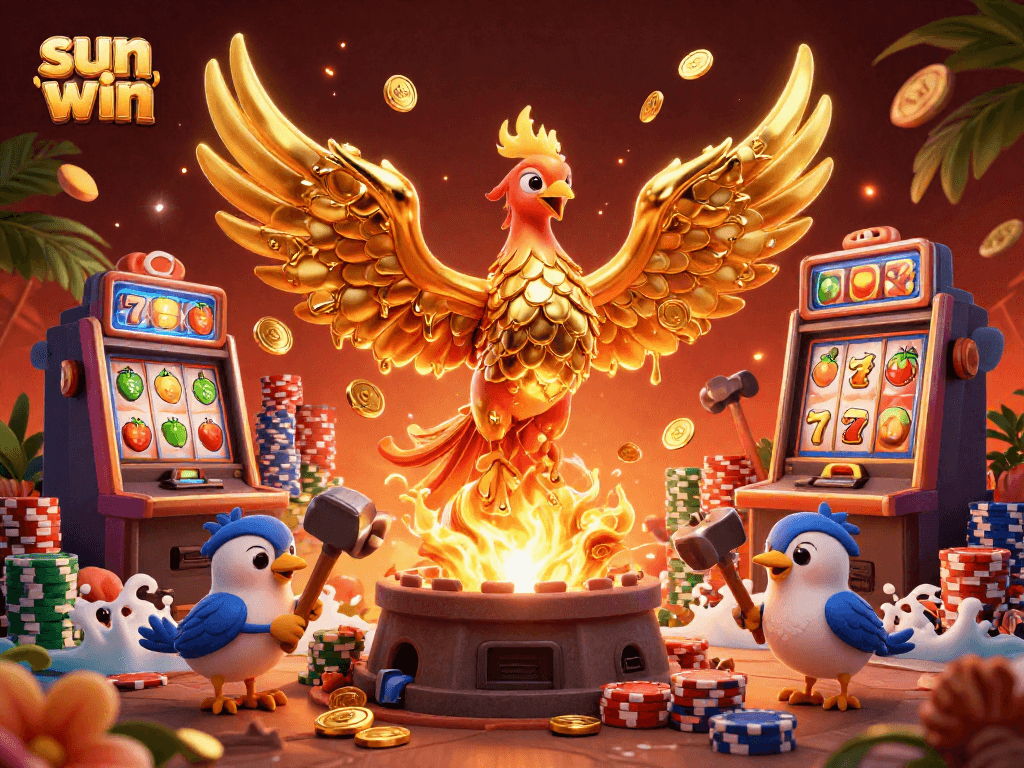 Experience thrilling moments at sun win with an exquisite 3D phoenix, gold coins, and vibrant slot machines.