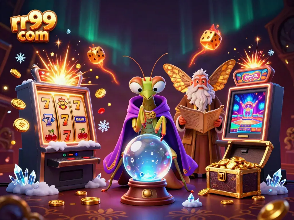 Engage with rr99 com's vibrant online casino experience featuring dynamic slot machine action and mystical characters.
