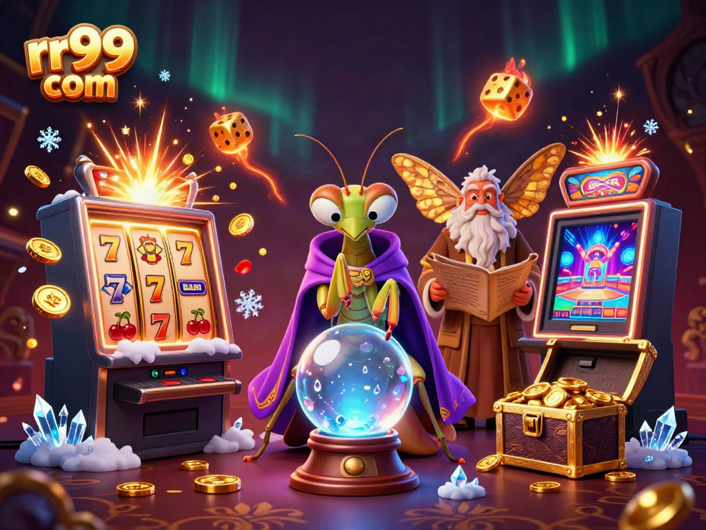 Engage with rr99 com's vibrant online casino experience featuring dynamic slot machine action and mystical characters.