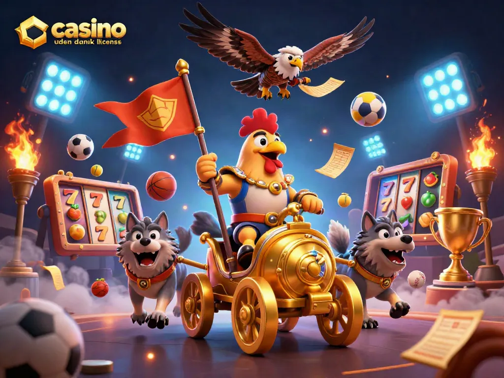Engage with casino uden dansk licens in a vibrant 3D setting featuring a rooster warlord, chariot, and dynamic symbols.