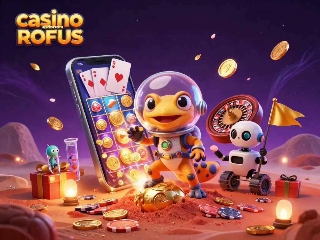 Engage with casino uden om ROFUS in a vibrant Martian casino scene, featuring exciting game elements.