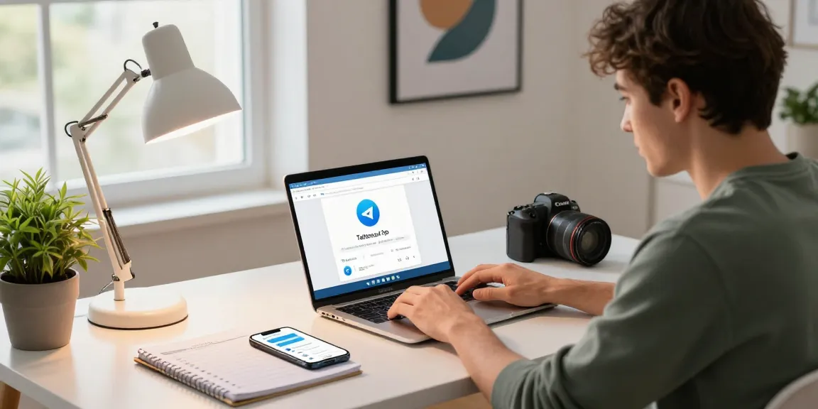 Engaging workspace showcasing the Download Telegram app on a laptop with vibrant decor and tech elements.