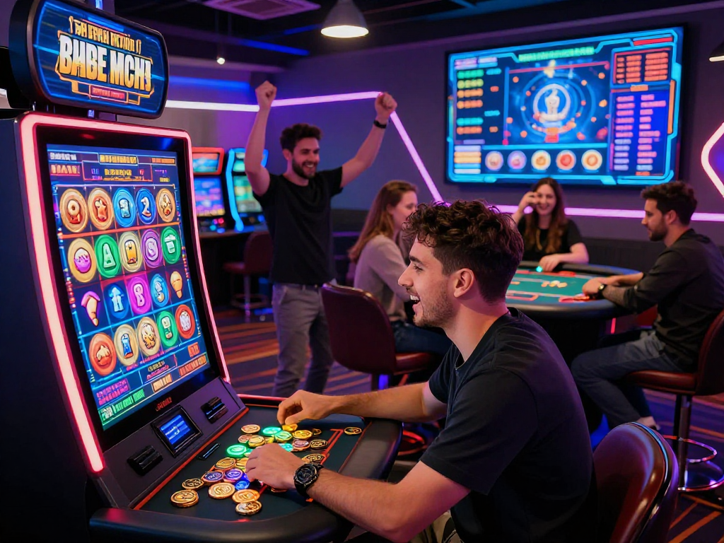 Engaged player at a vibrant crypto casino enjoying digital slots with virtual symbols and glowing coins.