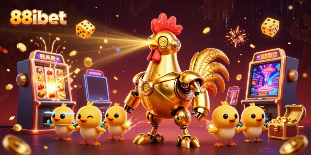 Experience exciting gaming action with 88ibet's vibrant 3D illustration showcasing a golden rooster robot and mini drones.