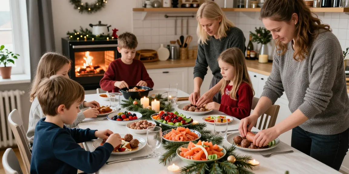 Recept klassiskt julbord med familj som lagar traditionell julmat i en mysig svensk kök.