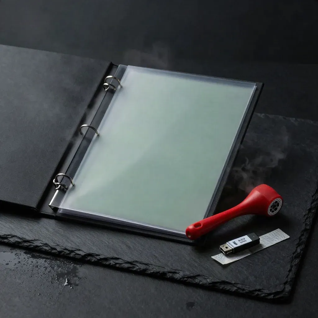 Mörkt dramatiskt privacy-kit med binder, sleeve, förseglingar och USB på skiffer.