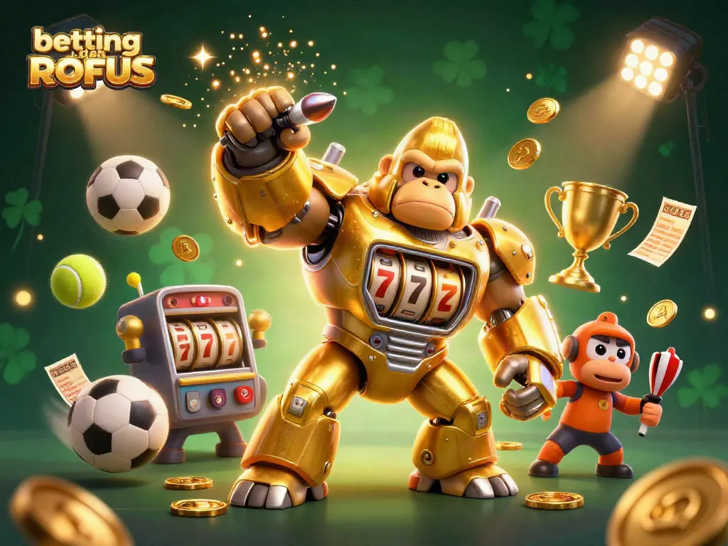 Experience thrilling action with betting uden ROFUS, featuring dynamic sports balls and a golden gorilla mech.