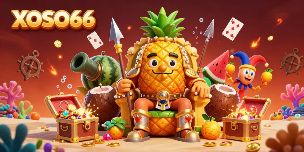 XOSO66 brings excitement with a golden pineapple king and colorful casino elements.