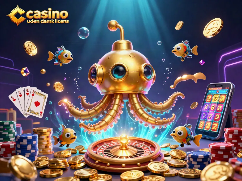 Win big at casino uden dansk licens with vibrant 3D illustration of kraken and coins.