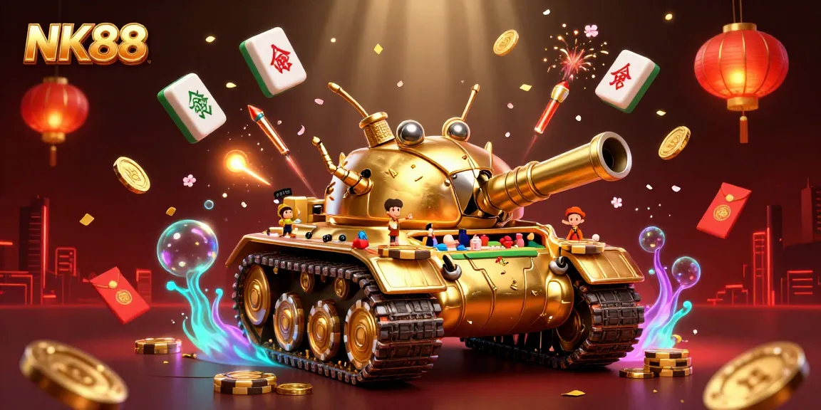 Experience the vibrant energy of NK88 with a golden beetle tank casino scene, fireworks, and celebratory elements.