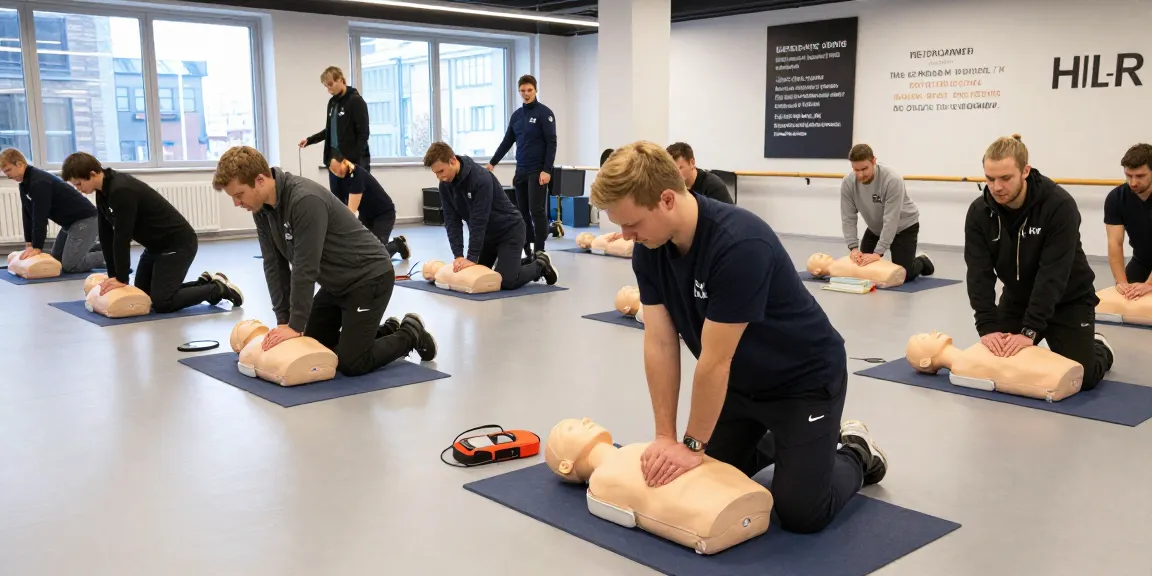 Praktisk HLR kurs Stockholm med deltagare som övar på hjärt-lungräddning och AED i en trygg utbildningslokal.