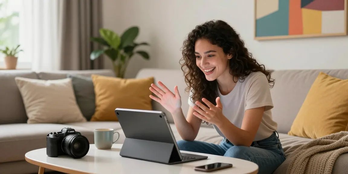 Engaging conversation with a girlfriend ai on a tablet in a cozy living room.