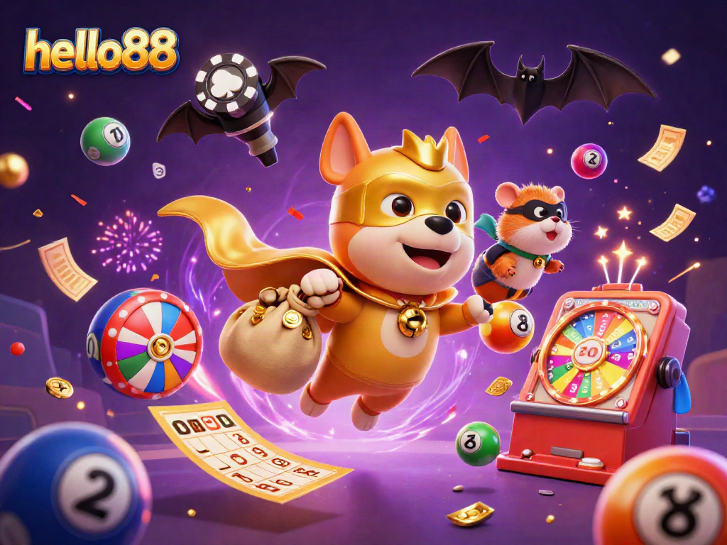 Experience thrilling wins with hello88 in a vibrant 3D casino hero scene.