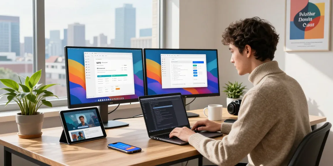 Engaging workspace scene showcasing WPS Download process with a developer coding on laptop and vibrant monitors displaying WPS features