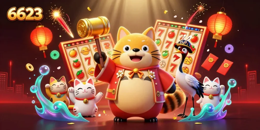 Experience the vibrant 6623 jackpot excitement with cheerful tanuki and colorful fortune cats.