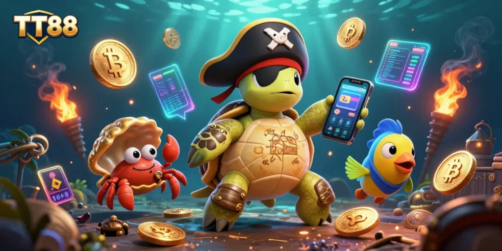 Engage in thrilling TT88 casino adventures with vibrant characters and crypto elements.