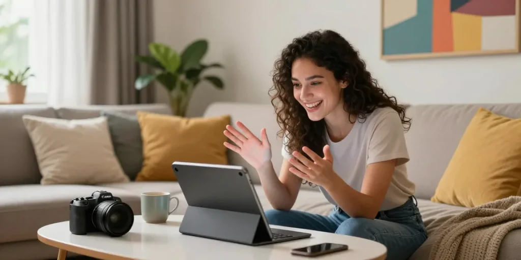 Engaging conversation with a girlfriend ai on a tablet in a cozy living room.