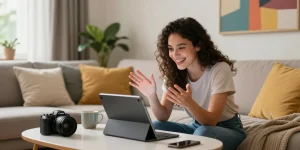 Engaging conversation with a girlfriend ai on a tablet in a cozy living room.