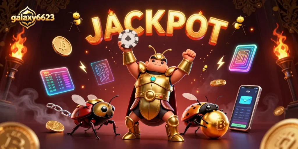 Win big with galaxy6623 as animated heroes celebrate jackpot victory in a vibrant casino scene.