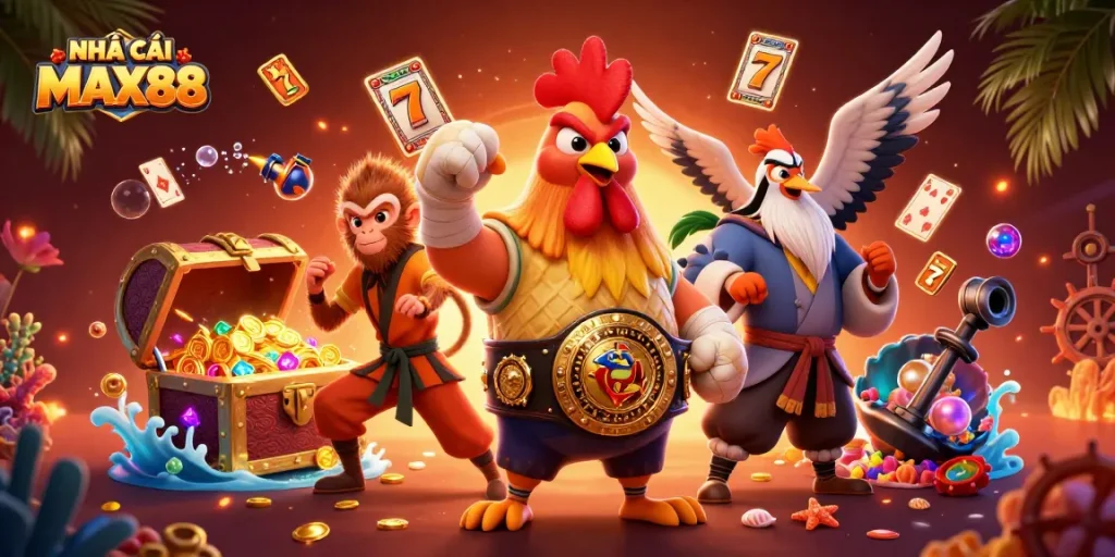 Engage with thrilling gaming experiences at NHÀ CÁI MAX88 showcasing vibrant slot reels and captivating characters.