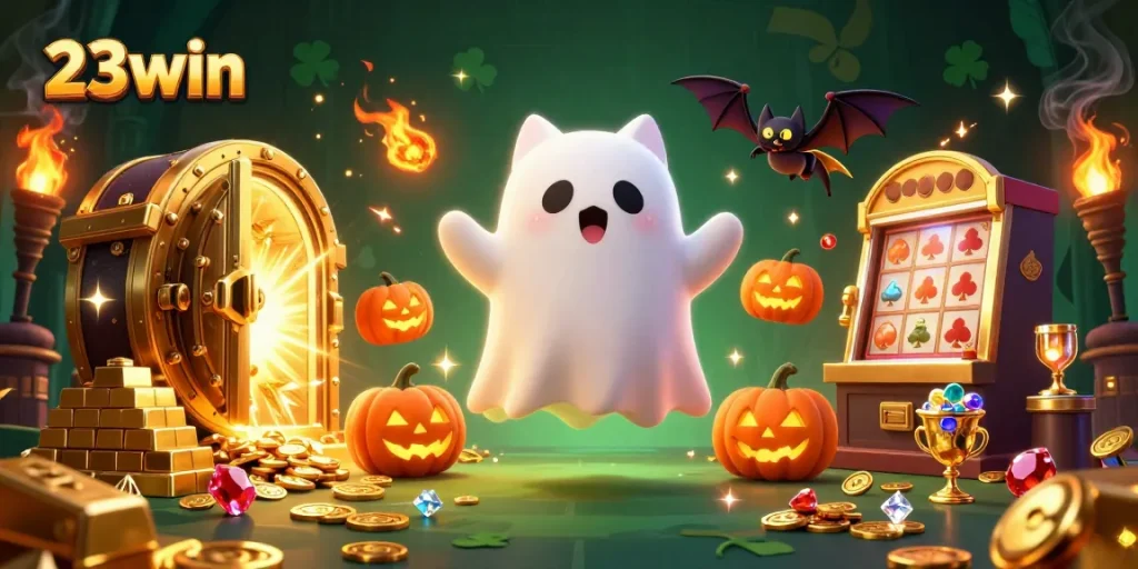Experience thrilling wins at 23win in this vibrant haunted casino illustration with ghostly characters.