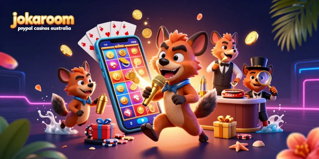 Engage with jokaroom paypal casinos australia through lively 3D illustration featuring hyena characters in a casino setting.