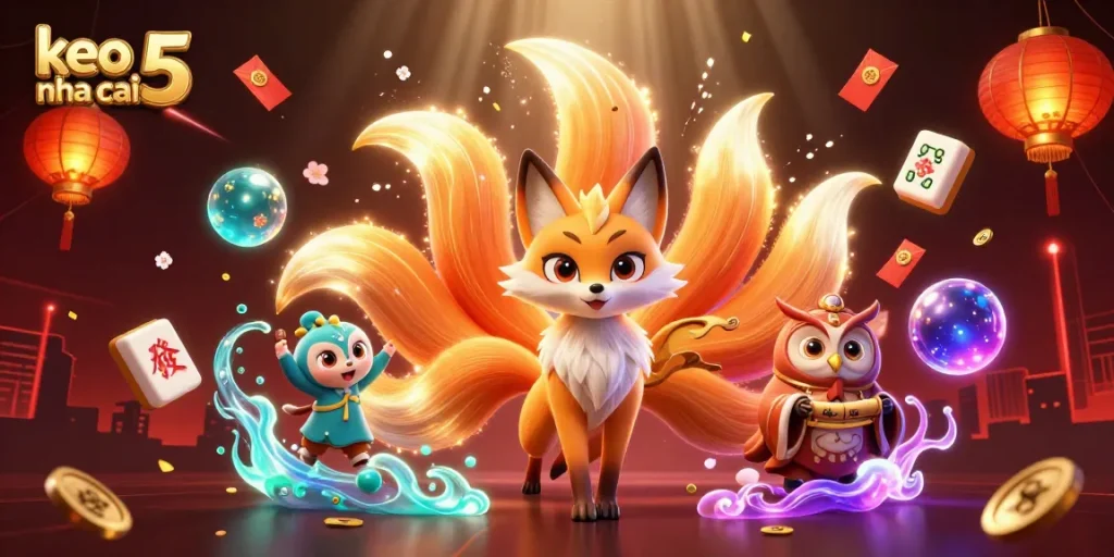 Engage with keo nha cai 5 through a vibrant 3D illustration of a magical fox and owl in a casino setting.