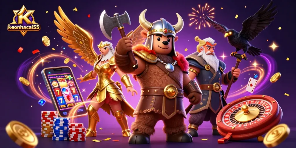 Win with keonhacai55 as a Viking bear and Valkyrie eagle embark on a sensational casino quest!
