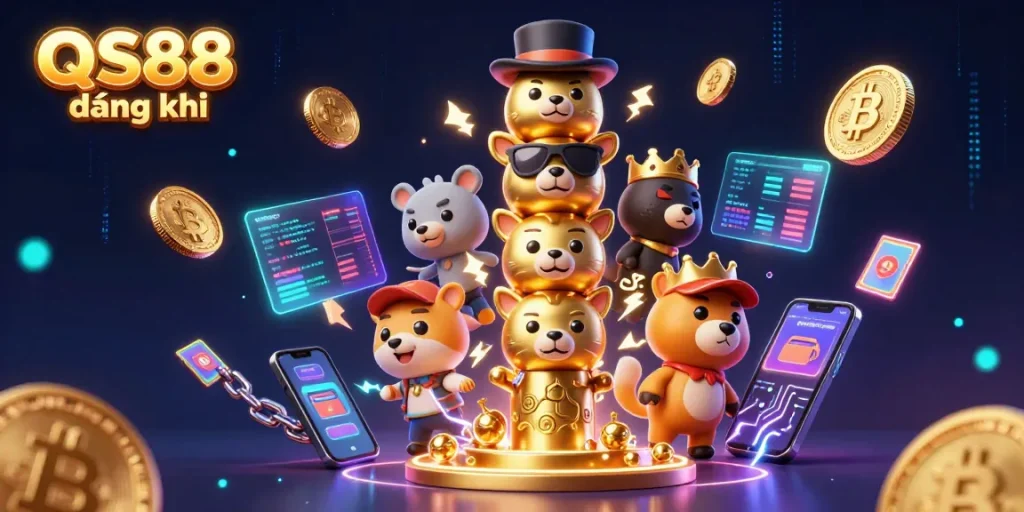 Engage in casino action with QS88 đăng ký featuring colorful 3D characters, crypto elements, and vibrant gaming atmosphere.