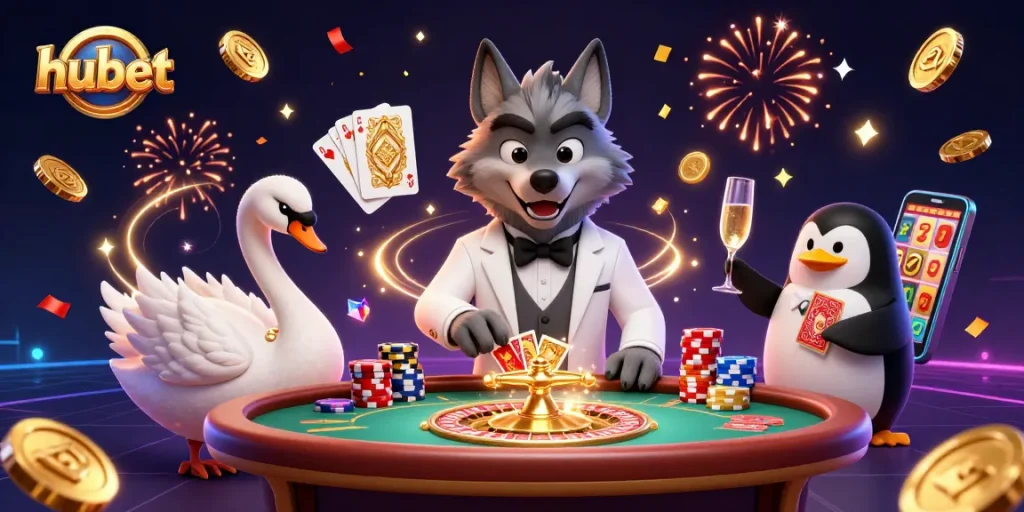 Experience hubet's thrilling baccarat with a debonair wolf, elegant swan, and sophisticated penguin in a vibrant casino scene.