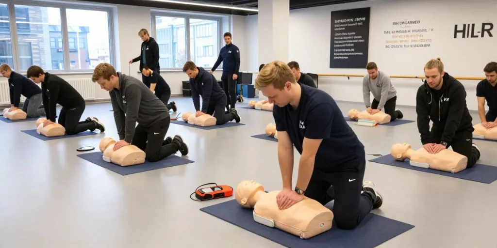 Praktisk HLR kurs Stockholm med deltagare som övar på hjärt-lungräddning och AED i en trygg utbildningslokal.