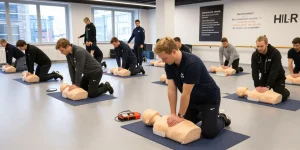 Praktisk HLR kurs Stockholm med deltagare som övar på hjärt-lungräddning och AED i en trygg utbildningslokal.
