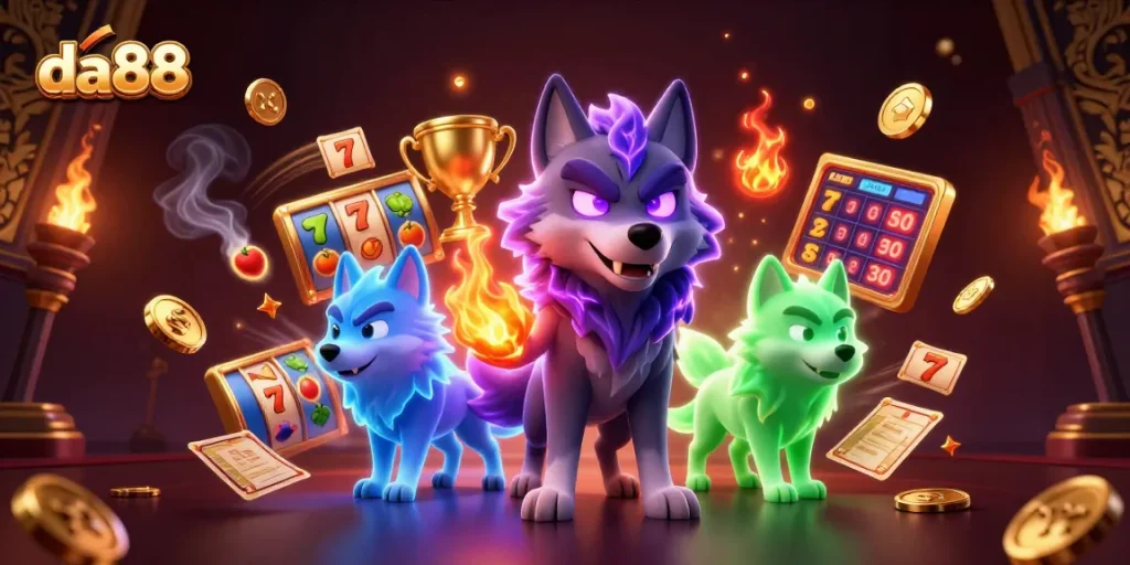Engage with da88's thrilling slot experience, featuring animated characters and vibrant casino elements.