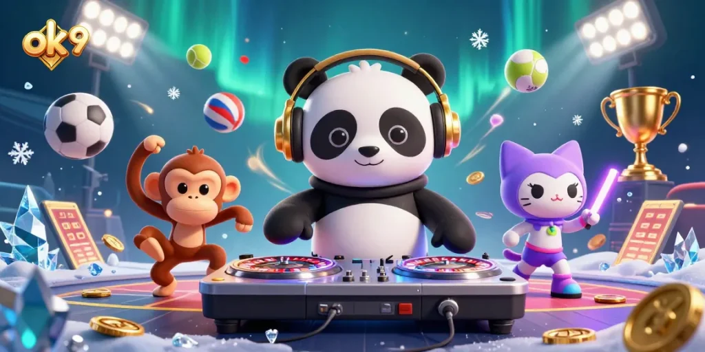 Engage with ok 9's vibrant casino scene featuring a DJ panda and dancing characters at the gaming table.