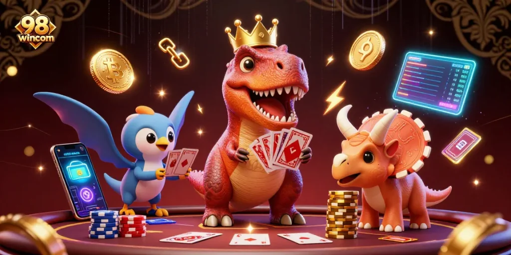 98wincom showcases a poker-themed illustration with vibrant characters and gaming elements in a dynamic 3D scene.