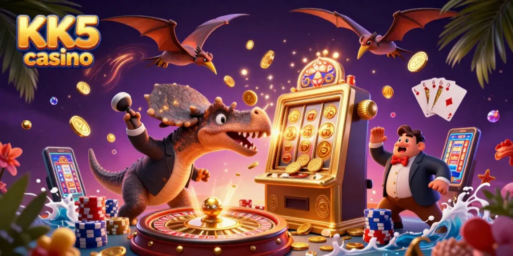 KK5 casino showcases a pachycephalosaurus jackpot celebration with golden coins cascading in an exciting scene.