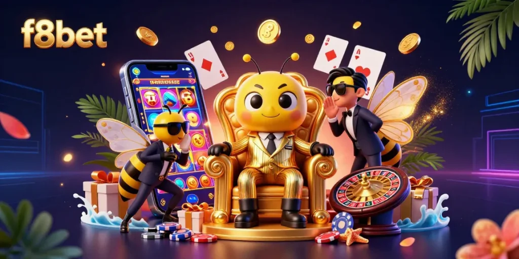 Play expertly with f8bet in a vibrant casino scene filled with gold coins and vibrant cards.