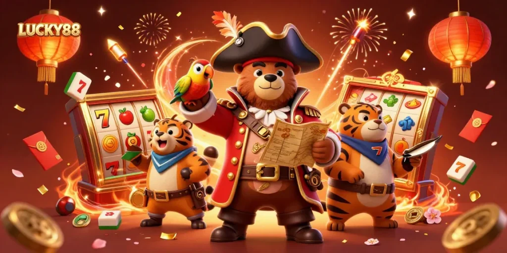 Engage with LUCKY88's thrilling slot adventures featuring colorful game elements and festive characters.