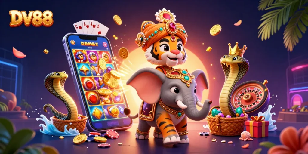 Experience the thrill of DV88 with vibrant slots and gaming excitement in a tropical casino scene.