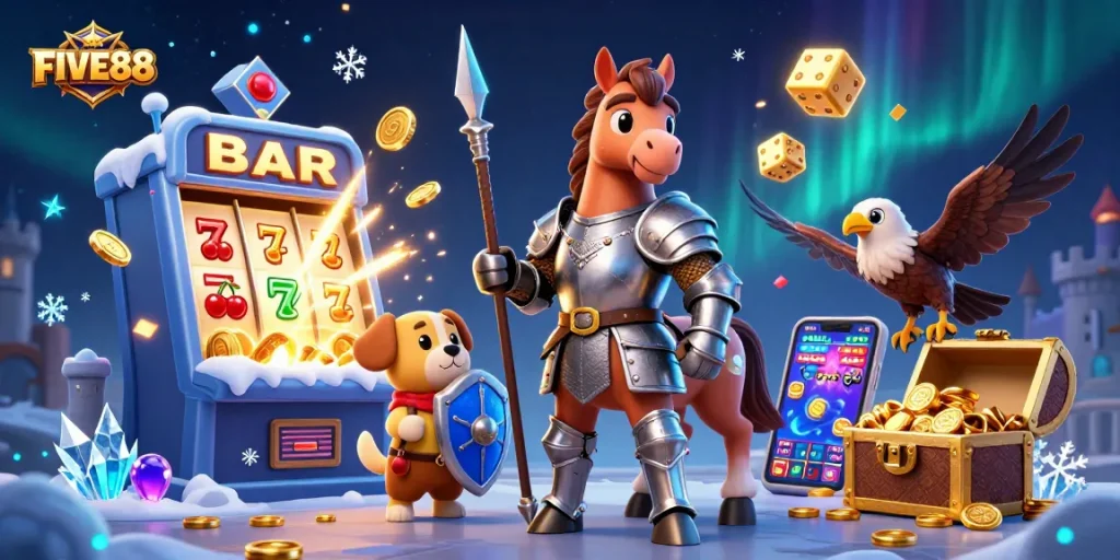 Experience thrilling action with FIVE88 slot machines and medieval characters in this vibrant casino illustration.