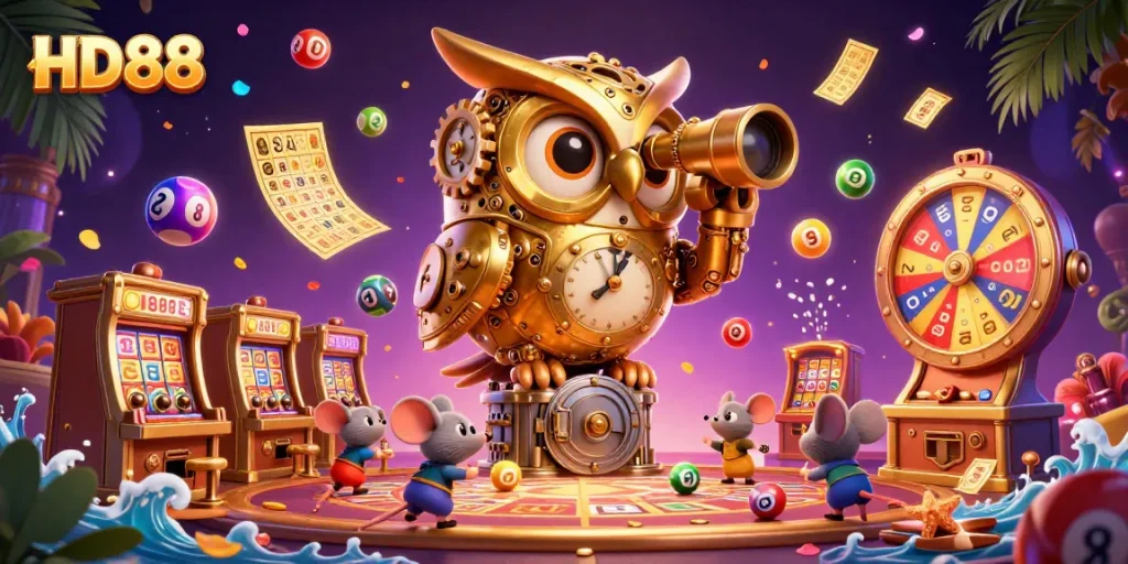 Experience excitement at HD88 with slot machines, golden tickets, and playful characters.
