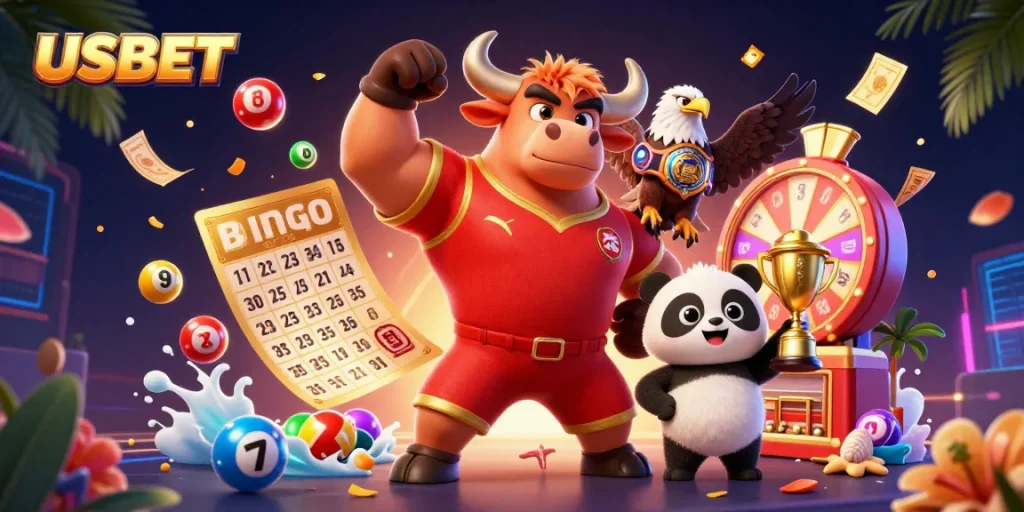 Experience the excitement of USBET with a vibrant 3D casino scene featuring dynamic characters and game elements.