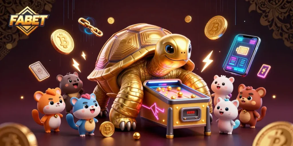 Experience FABET with a giant tortoise pinball machine surrounded by crypto elements and excited animals.